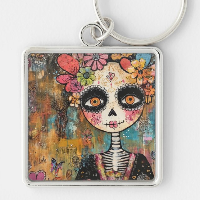 Chaveiro Esqueleto La Catrina Com Coroa de Flores (Frente)