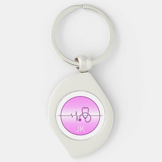Chaveiro Estetoscópio Médico Rosa Monograma Batimento Cardí (Frente)