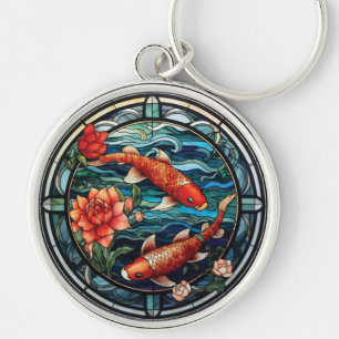 Chaveiro Estilo de Vidro Asiático Koi Fish e Camellias