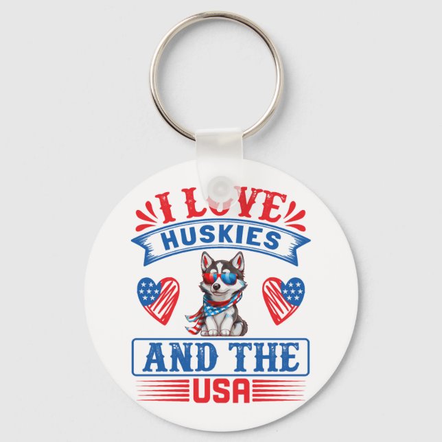 Chaveiro Eu amo os Huskies siberianos e os EUA (Frente)