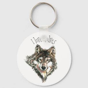 Chaveiro Eu amo Wolves Watercolor Cinza Wolf Animal Art