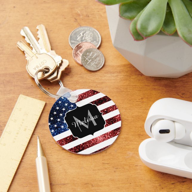 Chaveiro EUA bandeira azul brilha brilho monograma (Mesa)