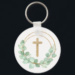 Chaveiro Eucalyptus Dourado Cross<br><div class="desc">Uma cruz dourada com brilho e uma coroa de folhas de eucalipto destacam este chaveiro. Favoritos perfeitos para a primeira comunhão,  batismo ou batização do seu filho ou para o seu grupo de estudo de bíblias ou para o seu próprio uso. Itens CORRESPONDENTES disponíveis em nossa loja.</div>