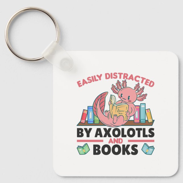 Chaveiro Facilmente Distraído Por Axolotls E Livros (Frente)
