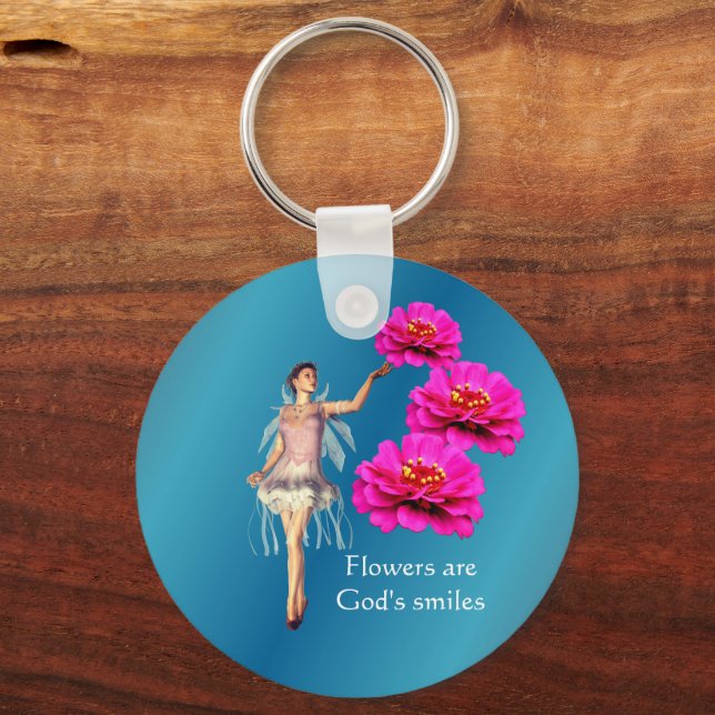 Chaveiro Fadas e flores de zínias cor-de-rosa inspiradoras (Frente)