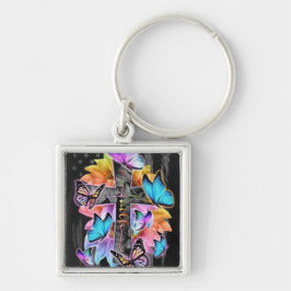 Chaveiro Faith Cross, borboletas e flores