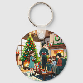 Chaveiro Família à volta da lareira no Natal