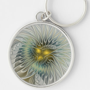 Chaveiro Fantasia de Flor de Prata Dourada Arte Fractal Abs