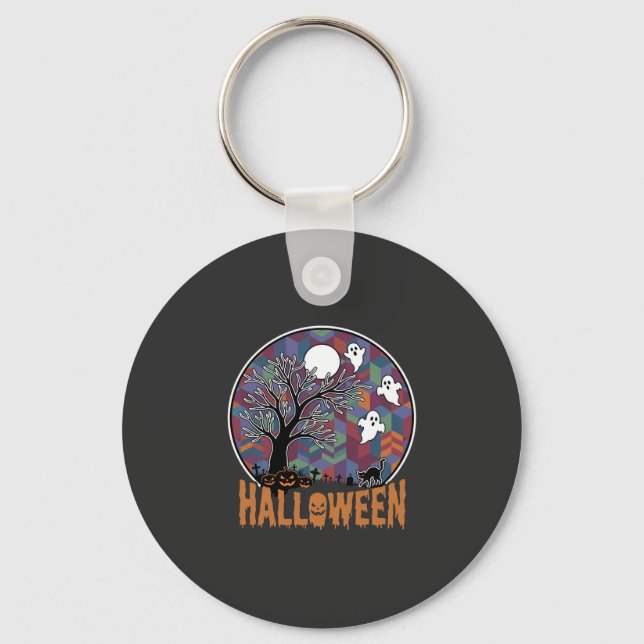 Chaveiro Fantasma da Árvore Assombrada de Halloween e Gato  (Frente)
