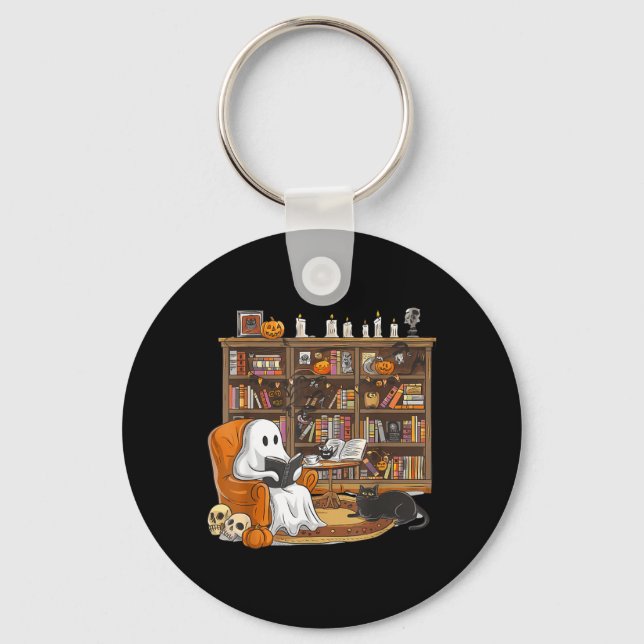 Chaveiro Fantasma Fofo Lendo Livros Com Gato Preto Hallowee (Frente)