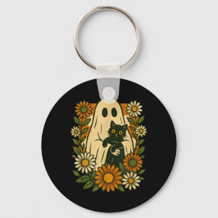 Chaveiro Fantasma Fofo Segurando Gato Preto Floral Groovy D