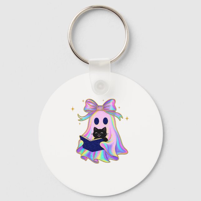 Chaveiro Fantasma iridescente com um livro e uma gata preta (Frente)