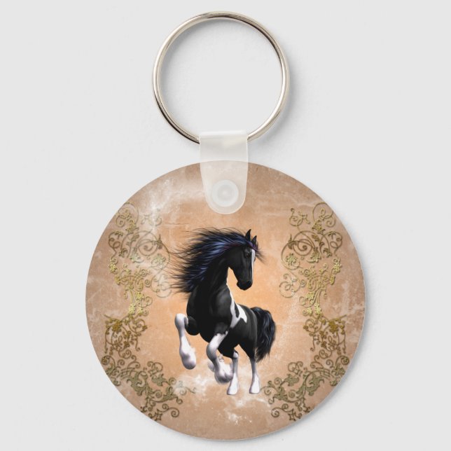 Chaveiro Fantástico cavalo selvagem com elementos florais (Frente)