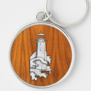 Chaveiro Farol de prata no estilo da madeira da teca