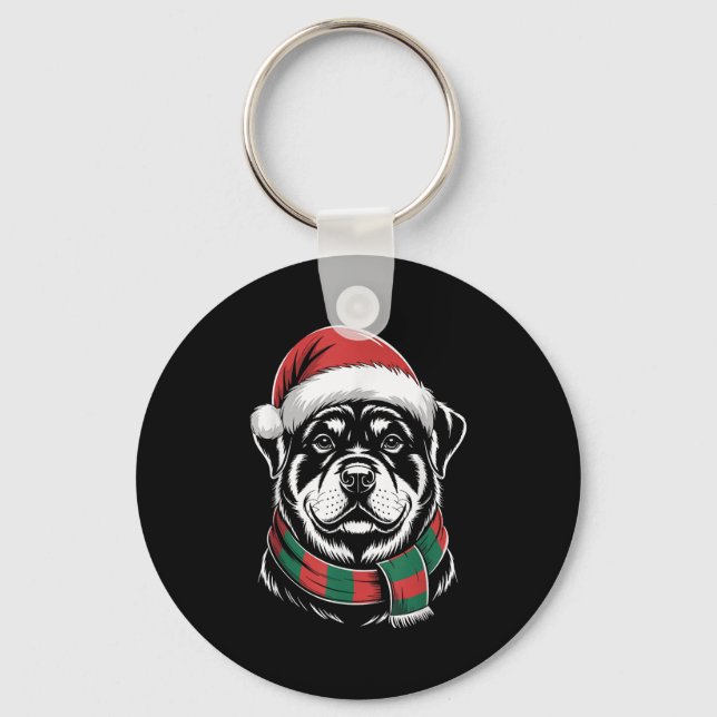 Chaveiro Fato de Natal de Cachorro Rottweiler Chapéu Cachec (Frente)