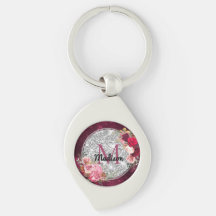 Faux Chic Silver Glitter Burgundy Monograma floral