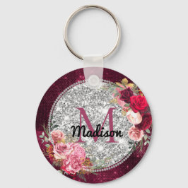 Chaveiro Faux Chic Silver Glitter Burgundy Monograma floral