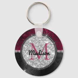 Chaveiro Faux Chic Silver Glitter Burgundy Monograma preto