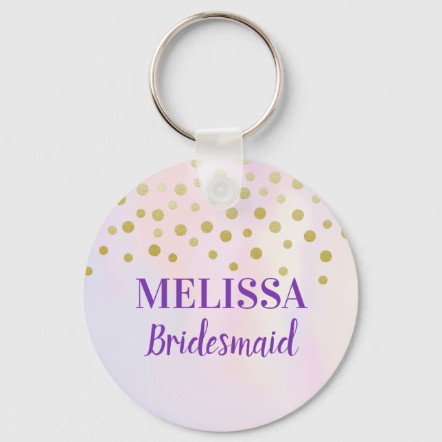 Chaveiro Faux Dourado Confetti em Bridesmaid de Watercolor  (Frente)