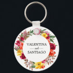 Chaveiro Favor Rustic Fall Floral Wedding<br><div class="desc">Flores brilhantes e coloridas criam uma bela e elegante coroa rústica. Rosas vermelhas borgonhetas e flores amarelas,  laranja e cor-de-rosa claras</div>