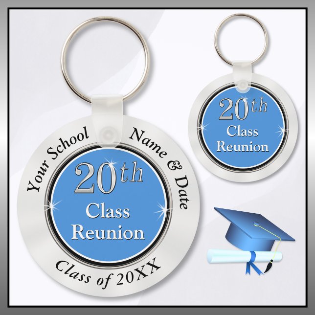 Chaveiro Favoritos de Reunião da Classe 20, Azul Claro e Br (20 year class reunion ideas. 20th class reunion gifts for classmates. Carolina blue, Black and White)