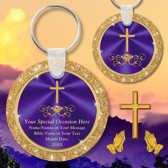 Chaveiro Favoritos para festas Cristãos Personalizados, Em  (Church Anniversary Favors. Purple and Gold, Christian Keychains. Gifts for church members. Scripture)