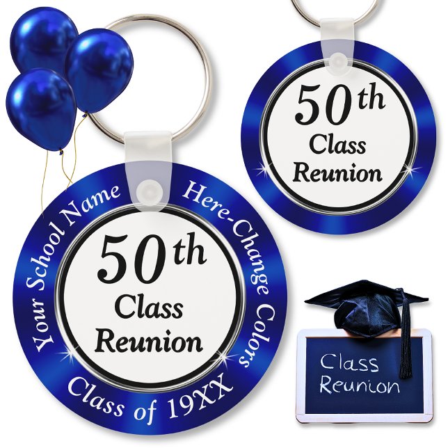Chaveiro Favoritos para festas personalizados para Reunião  (50th Class Reunion Party Favors. Blue, White and Black, 50th Class Reunion Favors. )
