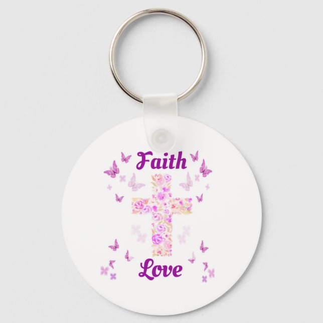Chaveiro Fé e Amor Cruz de Rosas com Butterflie Rosa (Frente)