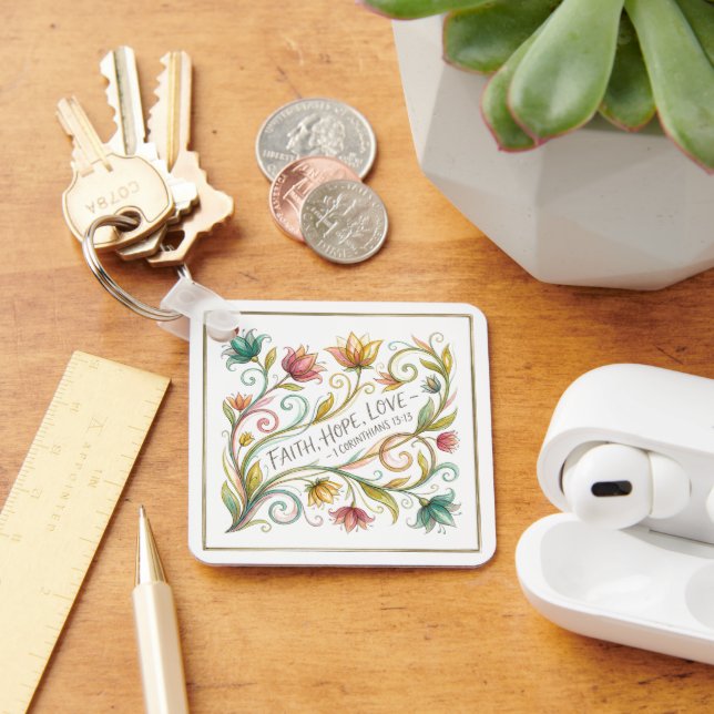 Chaveiro Fé Esperança Amor floral personalizado (Mesa)