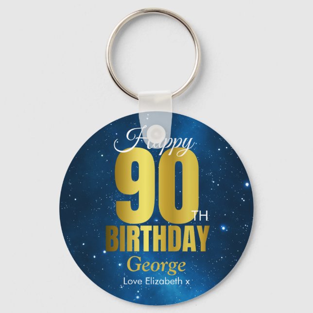 Chaveiro Feliz 90 Birthday Azul Dourado (Frente)