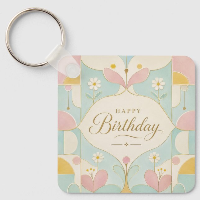Chaveiro Feliz Aniversário Art Déco Floral Geométrico Paste (Frente)