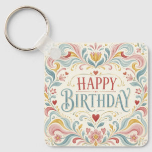 Chaveiro Feliz Aniversário Arte Folclórica Escandinava Rede