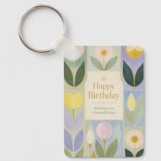 Chaveiro Feliz Aniversário Botânica Moderna Flores em Paste (Frente)