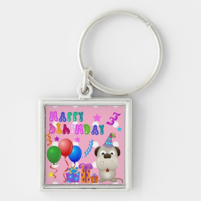 Chaveiro Feliz aniversário, cachorrinho bonitinho com bolo  (Frente)