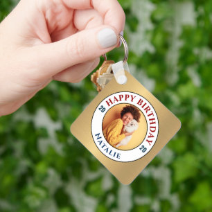 Chaveiro Feliz aniversário Foto Dourada Elegante Personali