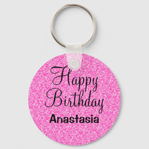 Chaveiro Feliz Aniversário Glam Glitter Rosa Brilho Nome