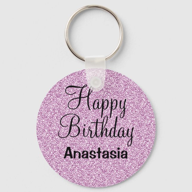 Chaveiro Feliz Aniversário Glam Glitter Roxo Nome (Frente)