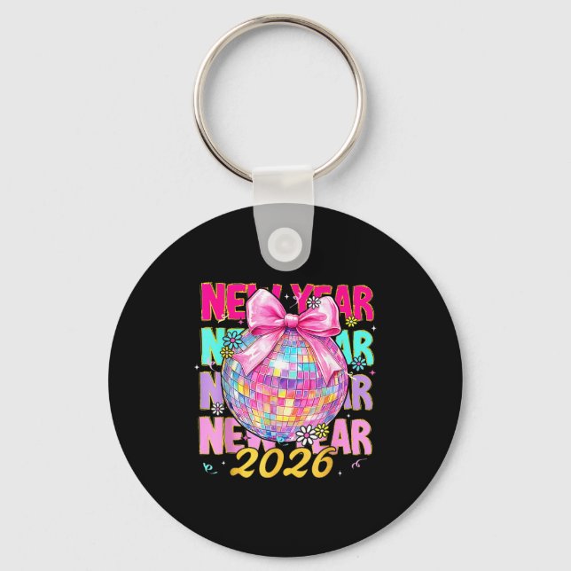 Chaveiro Feliz Ano Novo 2026 Coquette Bow & Disco Ball (Frente)