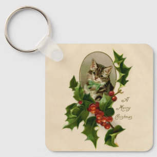 Chaveiro Feliz de Natal Holly Kitten Arte Antiquada