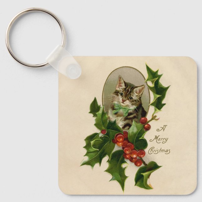 Chaveiro Feliz de Natal Holly Kitten Arte Antiquada (Frente)