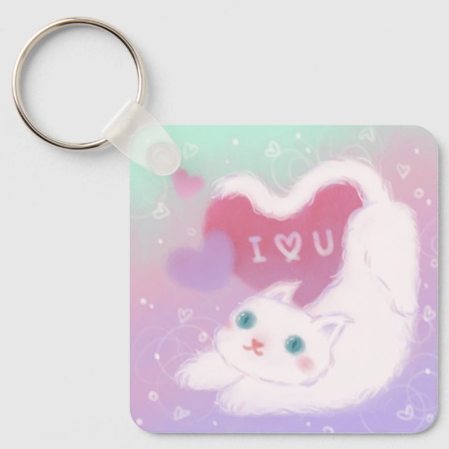 Chaveiro Feliz Dia dos Namorados com Gato Branco Fofinho (Frente)