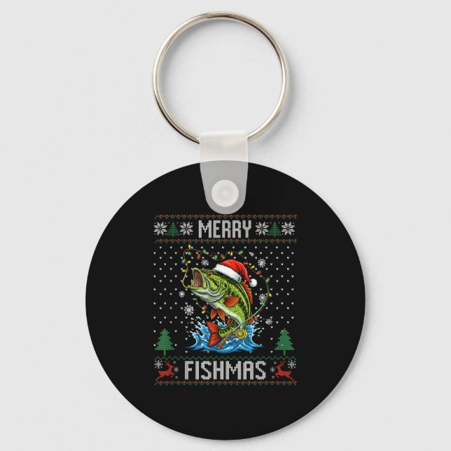 Chaveiro Feliz Fishmas B Peixe Pescaria Natal Suéter Feio (Frente)