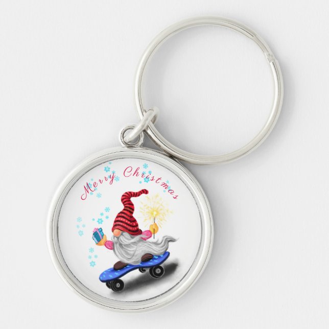 Chaveiro Feliz Gnomo de Patinador com presentes e faíscas - (Frente)
