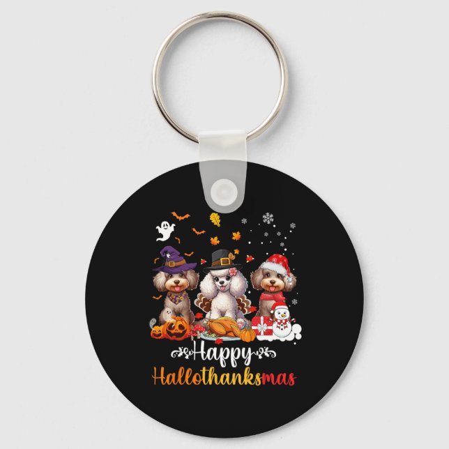 Chaveiro Feliz Hallothanksmas Poodle Dog Halloween Christma (Frente)