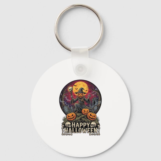 Chaveiro Feliz Halloween Abóbora Mago Cemitério Lua Cheia (Frente)