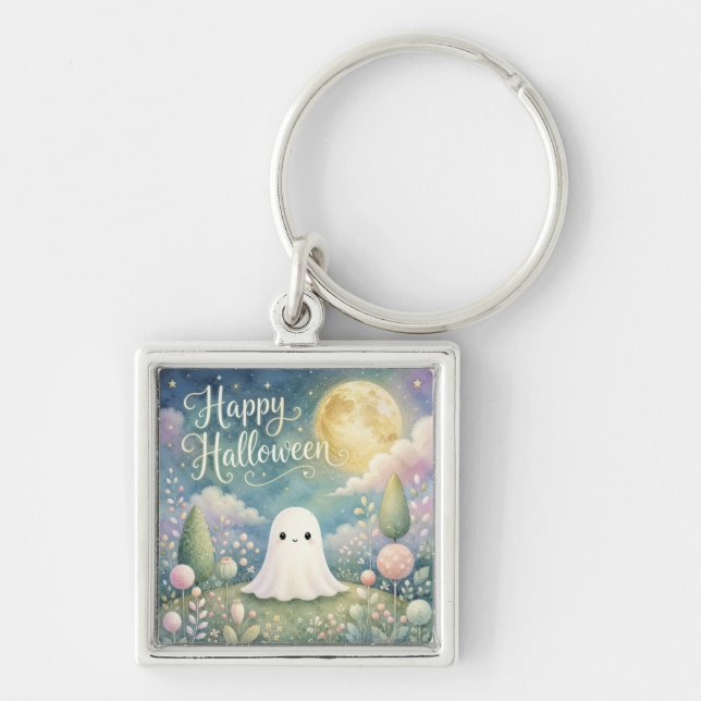 Chaveiro Feliz Halloween Fantasma Fofo Jardim Pastel (Frente)