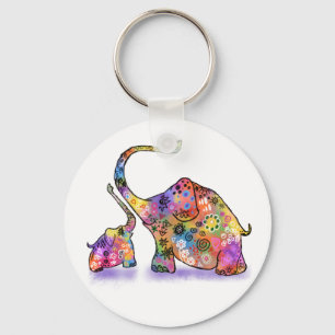 Chaveiro Feliz Mãe Colorida e Elefante de Bebê - Desenho 