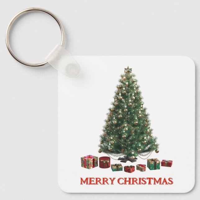 Chaveiro Feliz Natal. Árvore (design 1) com presentes (Frente)