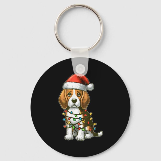 Chaveiro Feliz Natal Beagle Papai Noel Luzes de Natal Cacho (Frente)