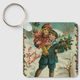 Chaveiro Feliz Natal - cartão postal retrô, crianças, azevi